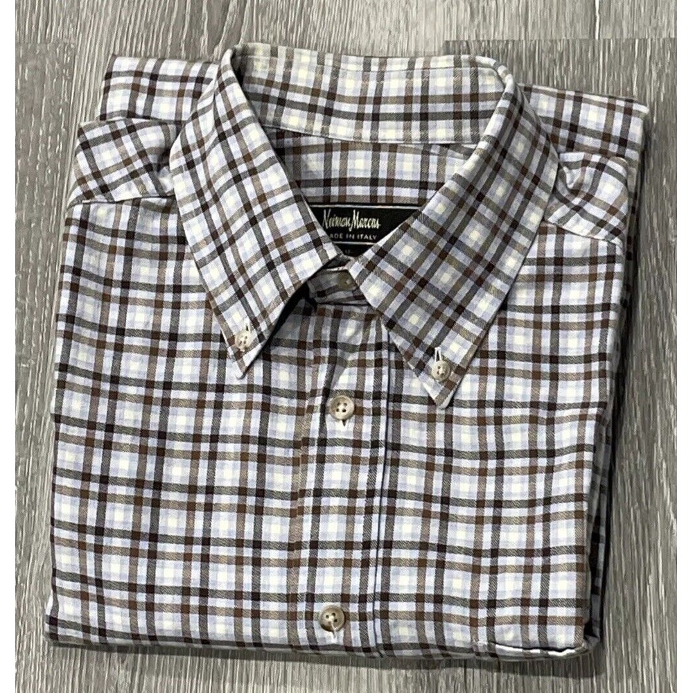 NEIMAN MARCUS-Blue/Brown/White Check Long Sleeves Shirt‎ Made In Italy Men's M